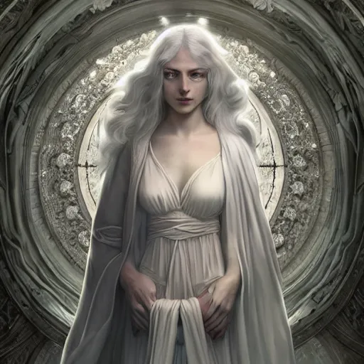 Prompt: white haired robe celestial goddess full body portrait, flower corridor, atmospheric lighting, perfect shadow, fine kindness delicate prefect face features gaze, elegant, smooth, style of tom bagshaw, cedric peyravernay, peter mohrbacher, victo nga, james jean, ross tran, louis comfort tiffany, raphael lacoste, 4 k hd illustrative wallpaper, chinese style