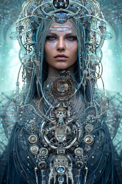 Prompt: a centered render of an alluring wild post apocalyptic cyborg goddess with wearing ornate silver and gemstones and crystal clothing surrounded by flowing liquid gallium jellyfish and sacred geometry, perfect body and face, gorgeous, cinematic, beautifully lit, by artgerm, by karol bak, by donato giancola, 3 d, trending on artstation, octane render, 8 k