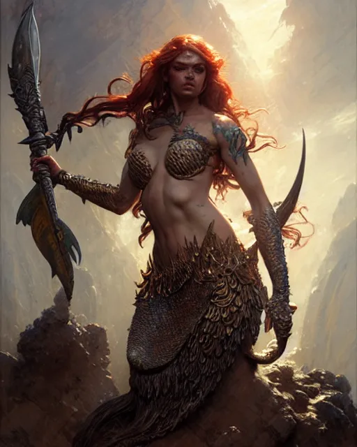 Prompt: a fierce mermaid warrior, fantasy character portrait, ultra realistic, concept art, intricate details, highly detailed by greg rutkowski, gaston bussiere, craig mullins, simon bisley