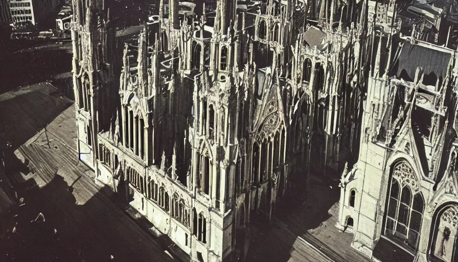 Image similar to 7 0 s film still from a horror movie about people standing on top of cathedrals, kodachrome, cinecolor, cinestill, film grain, film texture, retro, cinematic, high resolution, photorealism,