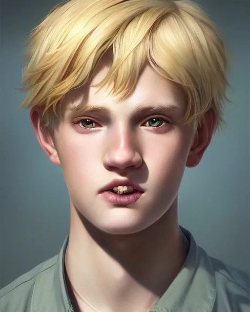 Image similar to portrait of 1 5 - year - old boy with blonde hair, round - face, with long toothed, hyper realistic face, beautiful eyes, character art, art by artgerm lau and wlop and and ilya kuvshinov and john singer sargent, hyperdetailed, symmetrical, cryengine, trending on artstation, digital art