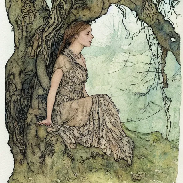 Image similar to a detailed, intricate watercolor and ink portrait illustration with fine lines, of a lovely, pretty, young alicia vikander with a detailed face in a dress sitting on the mossy ground reading under a gnarled tree, by arthur rackham and edmund dulac and mucha