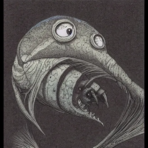 Prompt: creepy fish by shaun tan, side view, style of yoshitaka amano gustave dore studio ghibli junji ito