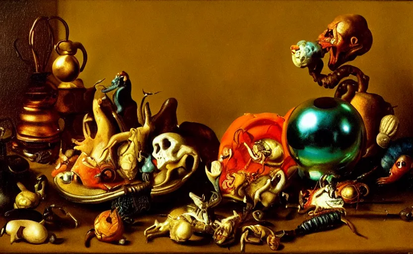 Prompt: disturbing colorful oil painting dutch golden age vanitas still life with grotesque bizarre objects strange gooey surfaces shiny metal rubber bizarre insects rachel ruysch dali todd schorr very detailed perfect composition rule of thirds masterpiece canon 5 0 mm, cinematic lighting, photography, chiaroscuro, film, kodachrome