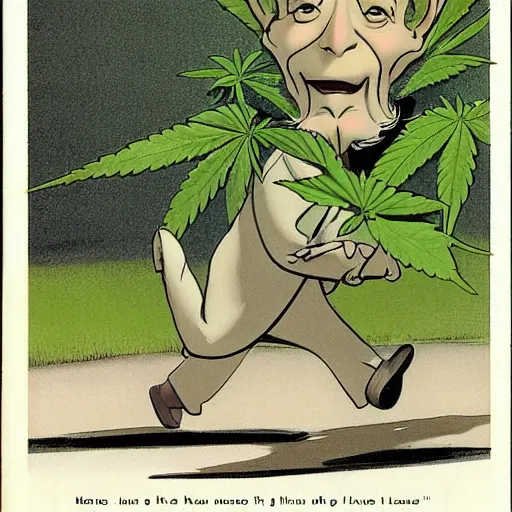 Prompt: Cannabis leaf character goes for a walk. caricature illustrated by Ralph McQuarrie