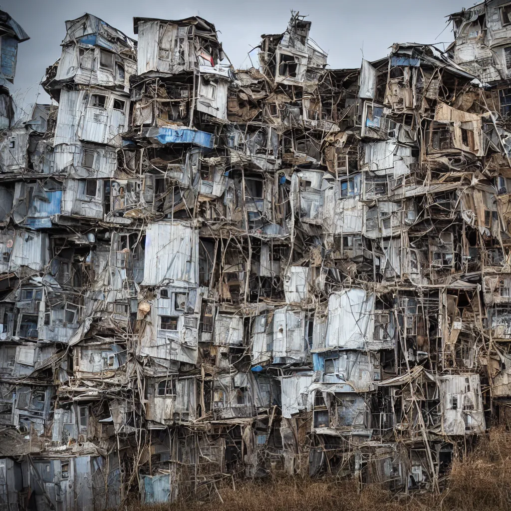 Image similar to a tower made up of makeshift squatter shacks of different sizes, dystopia, sony a 7 r 3, f 1 1, fully frontal view, photographed by jeanette hagglund, ultra detailed,