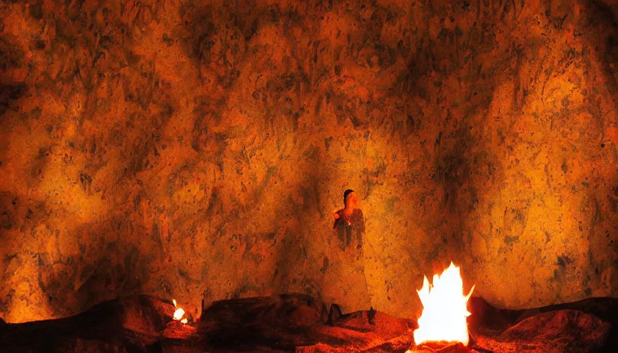 Image similar to the karma sutra painted on cave walls lit by fire