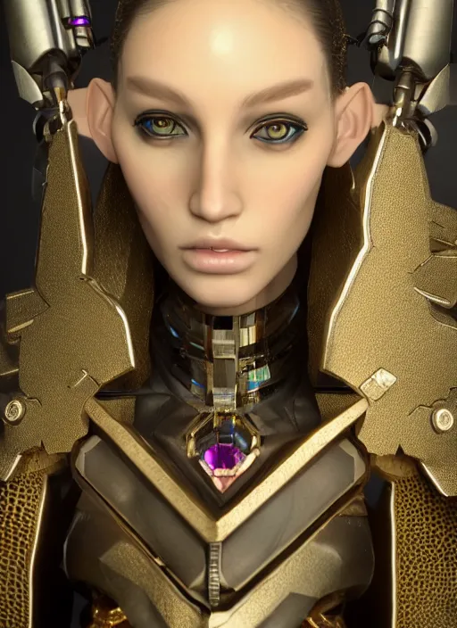 Prompt: female character, delicate features, proportional figure. cyberpunk, kaycee rice. neopunk armor, intricate jewelry, gemstones, gold. ultra realistic. fine details. volumetric light. 8 k