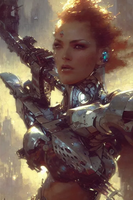 Image similar to futuristic women with medieval armor cyborg fighting dynamic poses, holding a gunsword, detail, beautifull face, no blur, painting by gaston bussiere, craig mullins, greg rutkowski, yoji shinkawa, sorayama