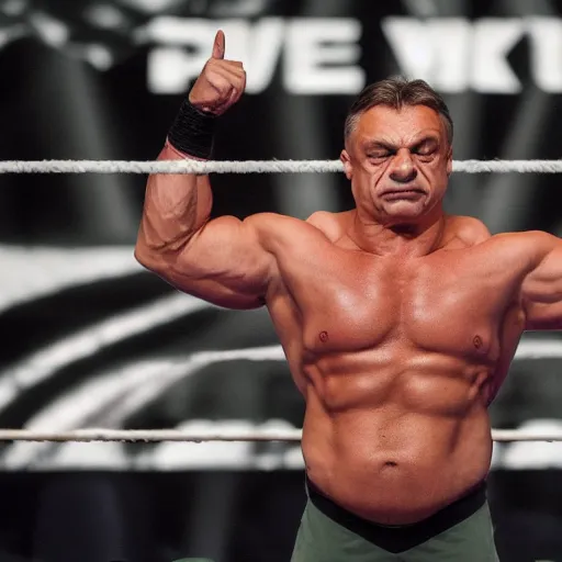 Image similar to pumped up muscled hungarian prime minister viktor orban as a wwe wrestler, real life photograph, award winning photograph, 4 k