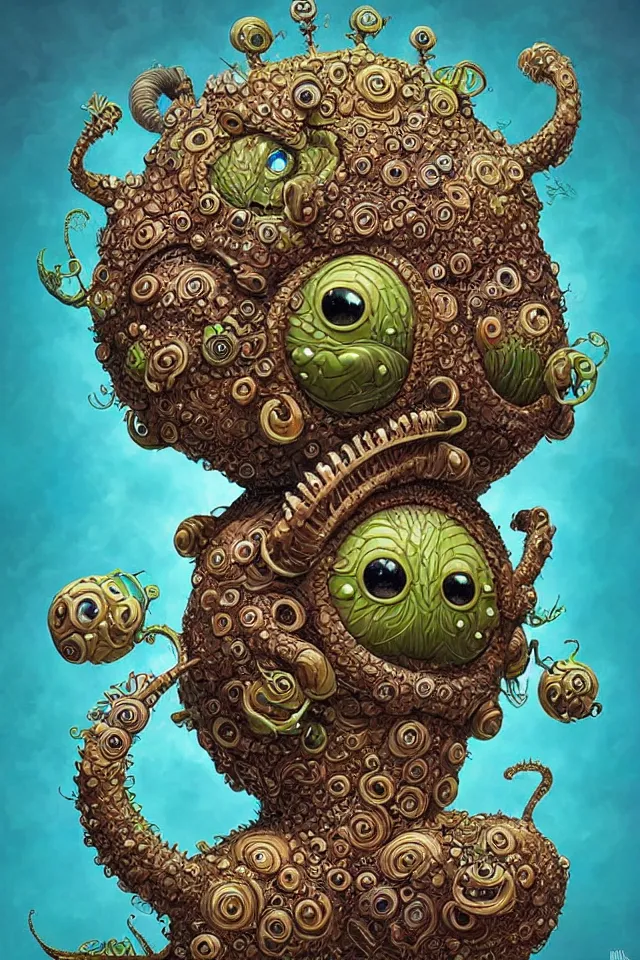 Image similar to an intricate cute monster by kokaris, naoto hattori, moebius and android jones