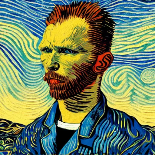 Prompt: Illustrated by Shepard Fairey and Greg Rutkpwski | Portrait of a Cyberpunk Van Gogh with VR helmet, surrounded by cables