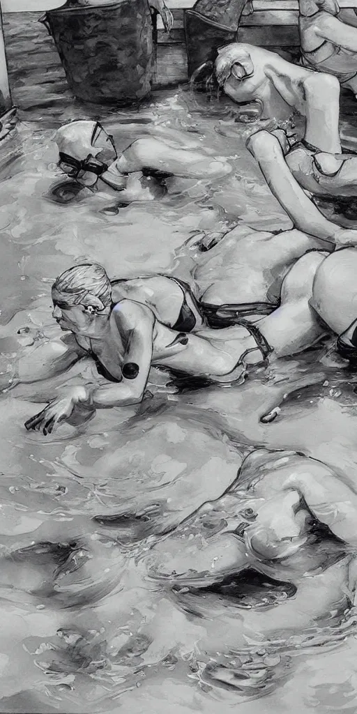 Image similar to oil painting scene from swimming pool by kim jung gi