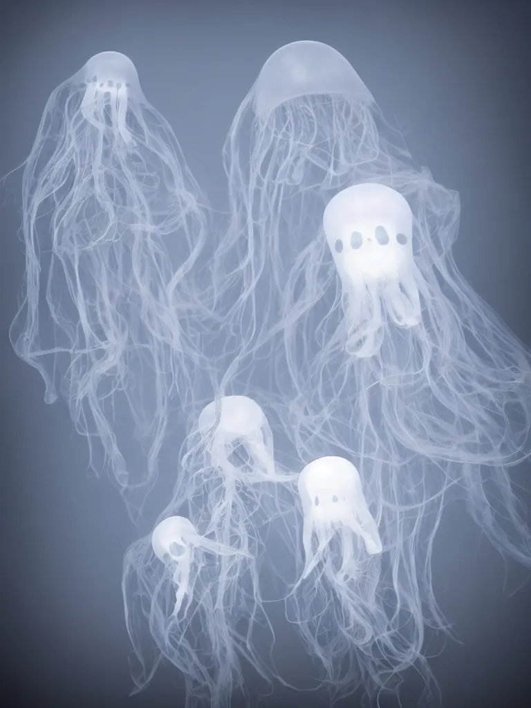 Prompt: cute fumo plush beautiful ectoplasmic gothic skeletal jellyfish ghost twins, glowing milky wisps of hazy smoke and volumetric fog, lens flare, subsurface scattering, vignette, asymmetry, bokeh, refraction, vray