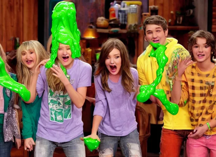 Image similar to the episode of Hannah Montana where everyone gets covered with nickelodeon slime hd