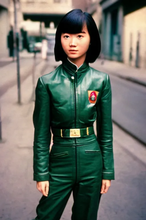 Prompt: ektachrome, 3 5 mm, highly detailed : incredibly realistic, beautiful portrait photo in style of 1 9 9 0 s frontiers in flight suit cosplay paris street photography, youthful asian demure, perfect features, cool haircut, atheletic agency model, vogue fashion edition