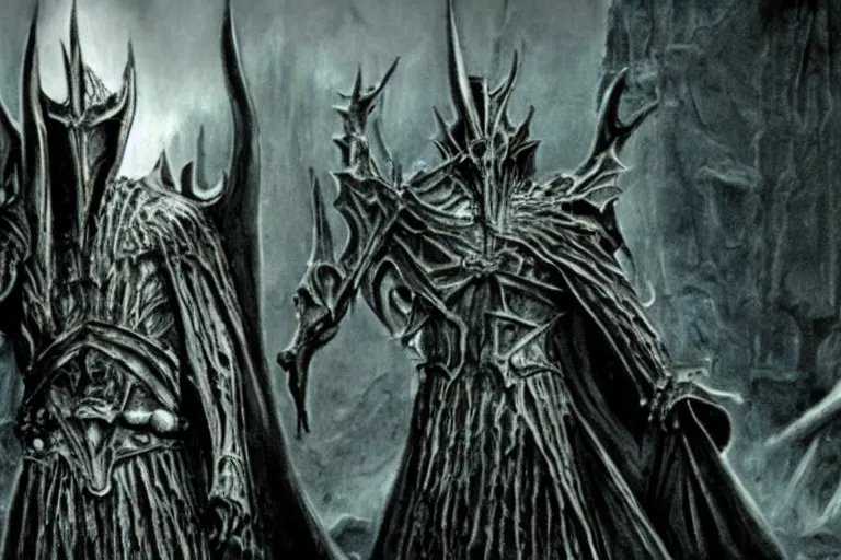 Prompt: the witch king of angmar in the style of h. r. giger, photorealistic movie still from the lord of the rings directed by ridley scott, battle in the background, cinematic