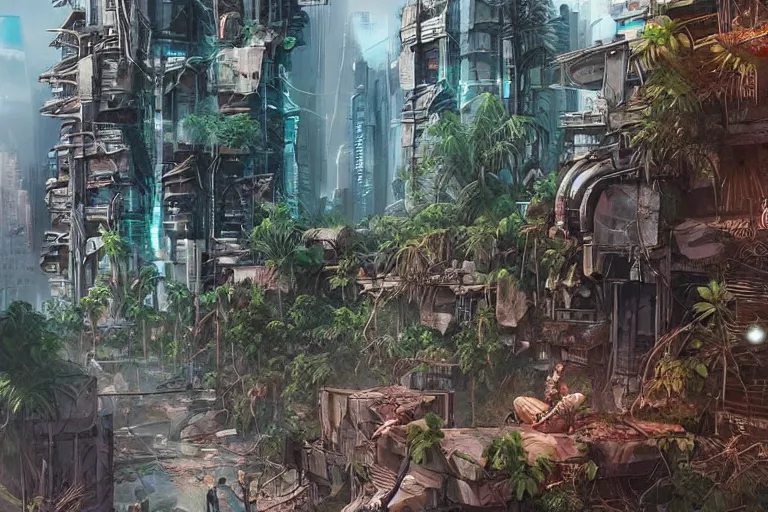 Prompt: a cyberpunk city in ruins, jungle plants overgrowing the streets and buildings, cats!! run through the ruins, drinking from pools of water and climbing on old fallen signs, by artgerm and amano and rutkowski and kincaid, trending on artstation