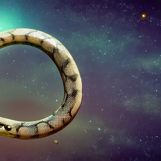 Prompt: a full shot of giant leucistic texas rat snake floating in the milky way sourronded with gemstones, unreal engine 5