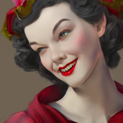 Image similar to vivien leigh smiling as snow white, au naturel, hyper detailed, digital art, trending in artstation, cinematic lighting, studio quality, smooth render, unreal engine 5 rendered, octane rendered, art style by klimt and nixeu and ian sprigger and wlop and krenz cushart