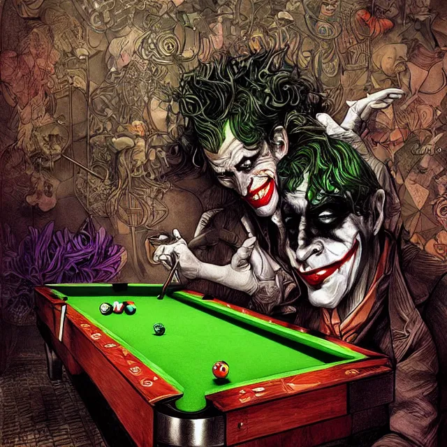 Prompt: the joker playing pool, by ernst haeckel, artgerm, james jean