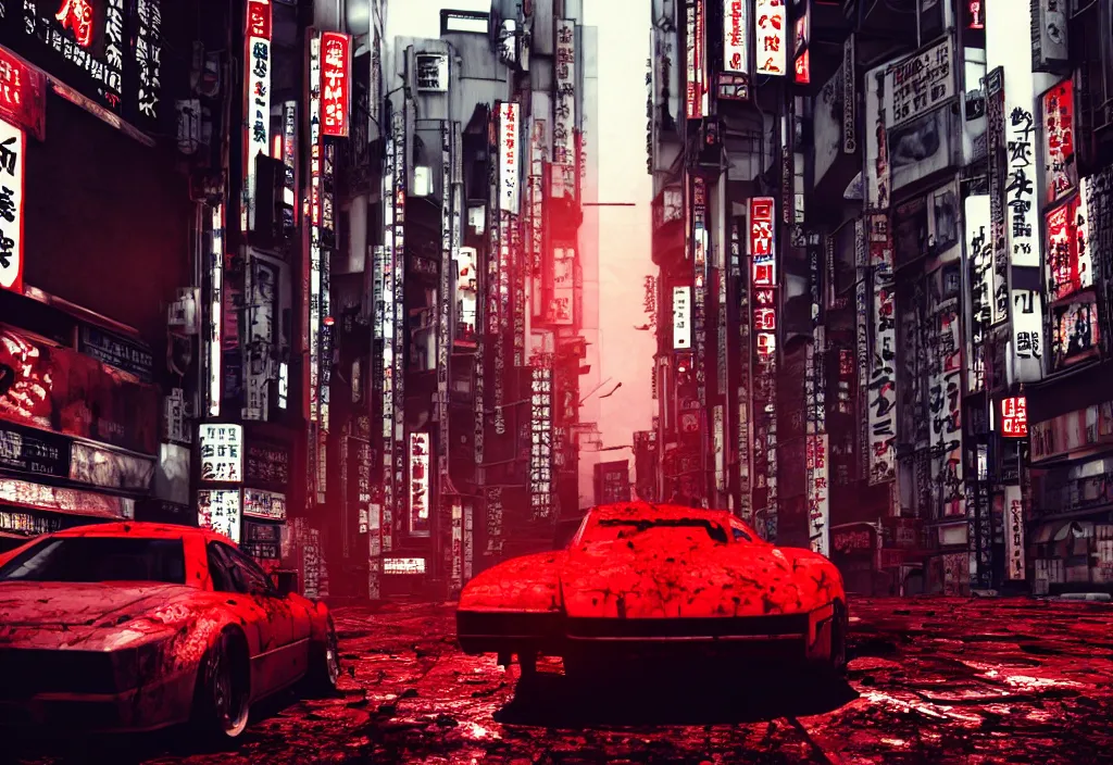 Image similar to tokyo city streets in blood, by cyberpunk style, max payne standing in blood, trending on artstation, cinematic, realistic buildings windows cars, realistic peoples, extreamly detailed, golden ratio, awesome greate composition, color balance harmony, physical correct light shadows, awesome exposition, like in real life, octane render 8 k, art by shonen gahosha, hyper realistic