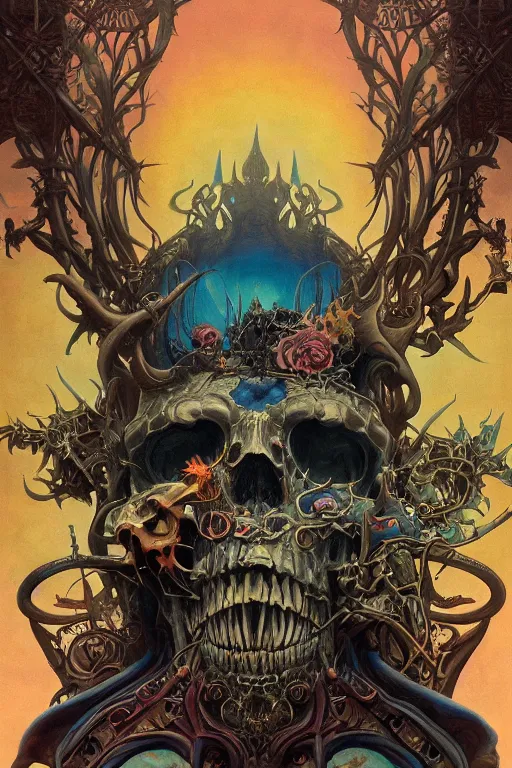 Prompt: evil gigantic skull lord of death, fantasy painting, ultra realistic, wide angle, art nouveau, intricate details, rainbowshift, vivid colors, highly detailed by peter mohrbacher, maxfield parrish, aaron horkey, gaston bussiere, craig mullins