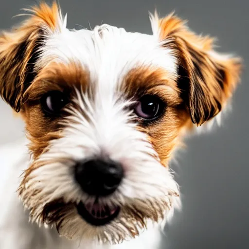 Image similar to a high quality photograph of a scruffy wire haired jack russell terrier puppy, white with chocolate brown spots, brown patches over both eyes. friendly, curious expression.