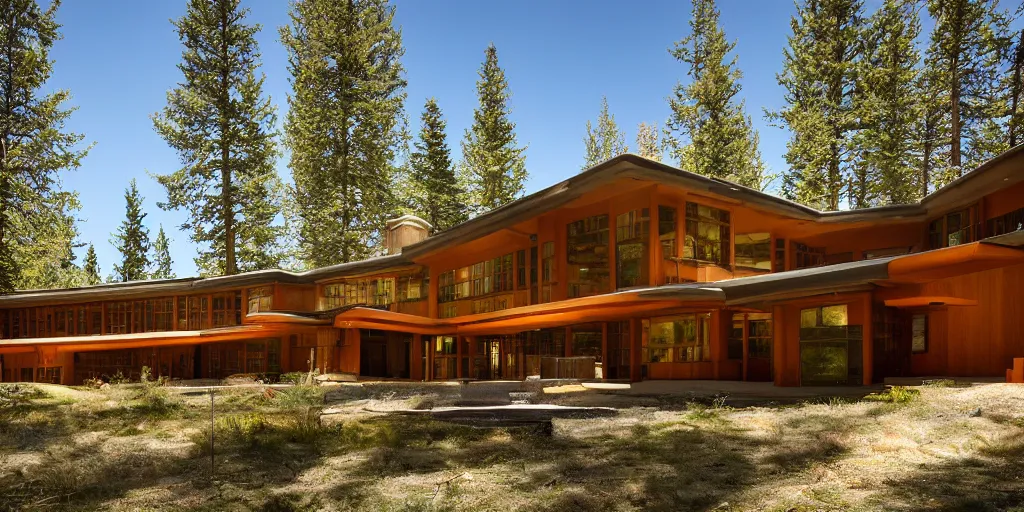 Prompt: large modern lodge, pacific northwest, cedar and concrete, many large windows, designed by frank lloyd wright and olson kundig