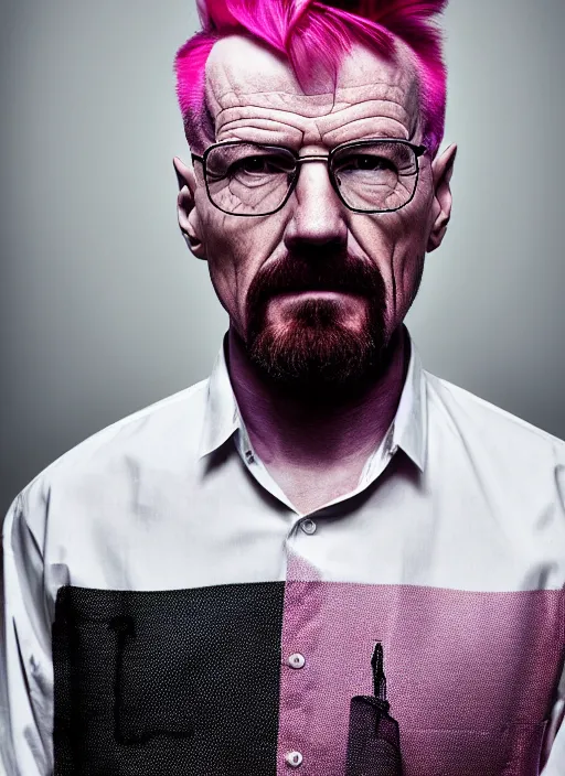 Prompt: portrait of a Walter White cyberpunk pink hairstyle serious facial expression hipster glasses by Mario Testino, headshot, detailed, award winning, Sony a7R