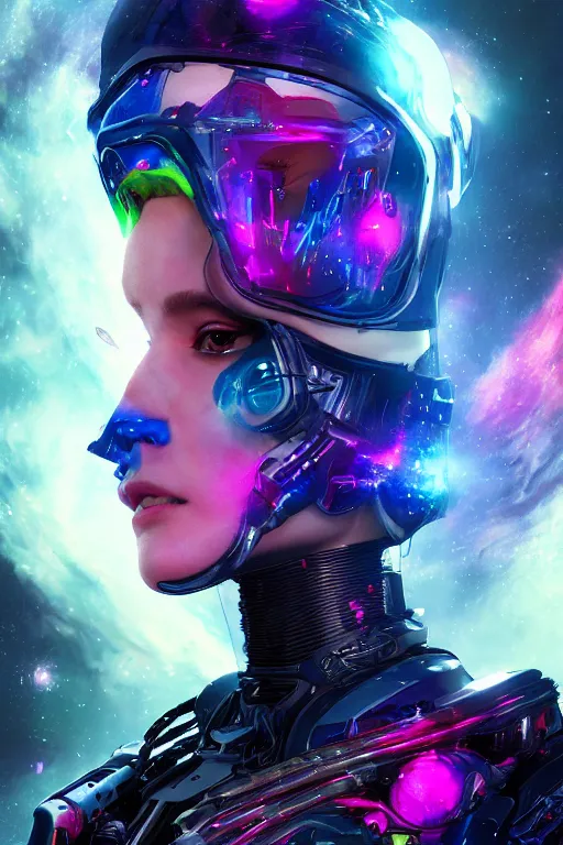 Image similar to a fancy portrait of a beautiful cyborg in space with a colourful nebula behind her by dustin nguyen, sung choi, mitchell mohrhauser, maciej kuciara, johnson ting, maxim verehin, peter konig, bloodborne, 8 k photorealistic, cinematic lighting, hd, high details, dramatic, dark atmosphere, trending on artstation