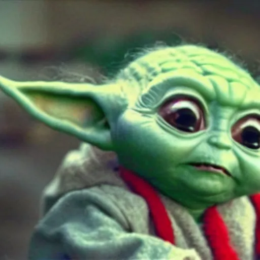 Prompt: baby yoda talking to goku