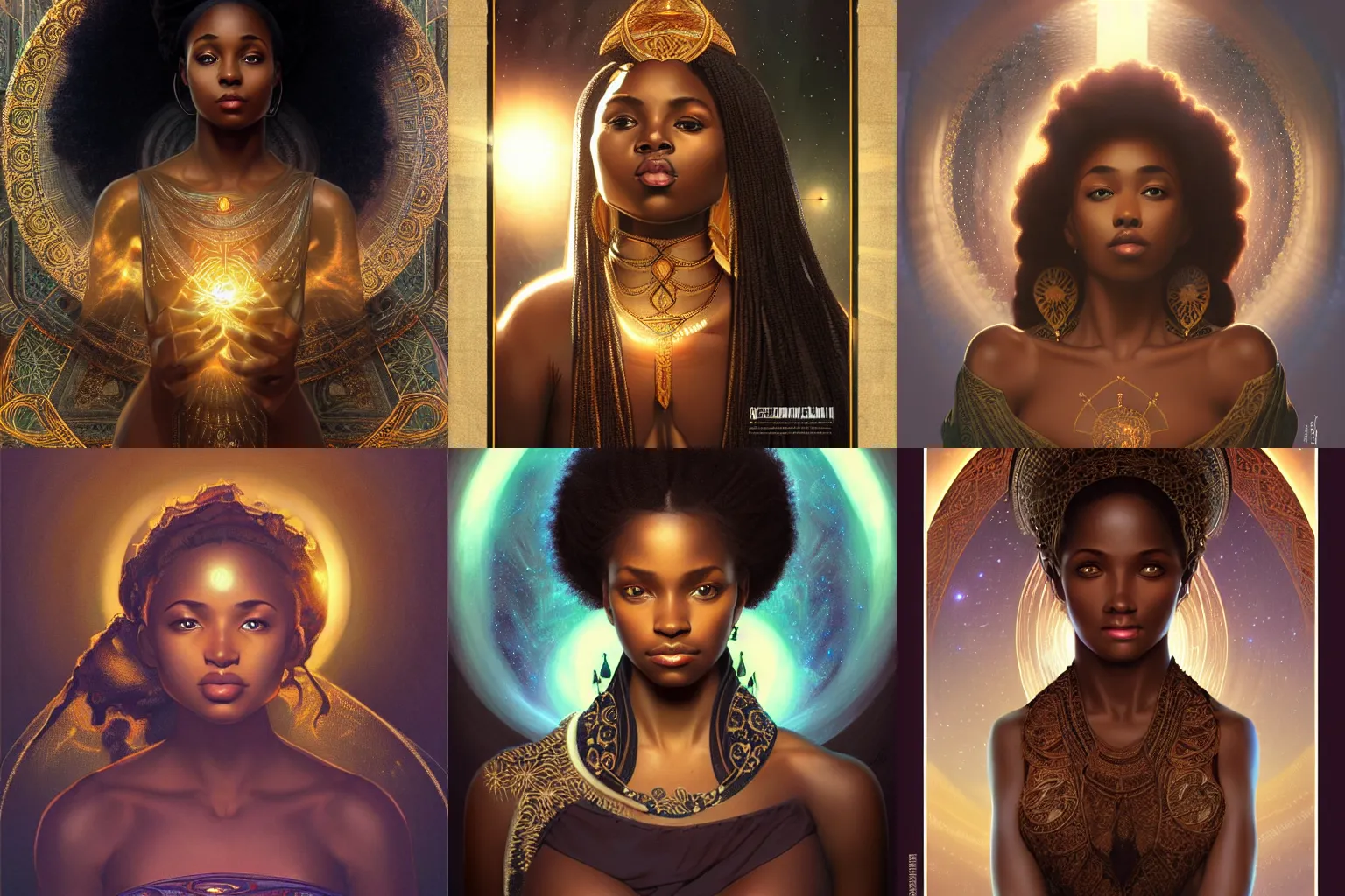 Prompt: black african princess, warm volumetric lighting, cosmic, symmetric, highly detailed, elegant, concept art, heavenly, god rays, intricate, sharp focus, illustration, alexandros pyromallis, bouguereau, rutkowski, artgerm, alphonse mucha