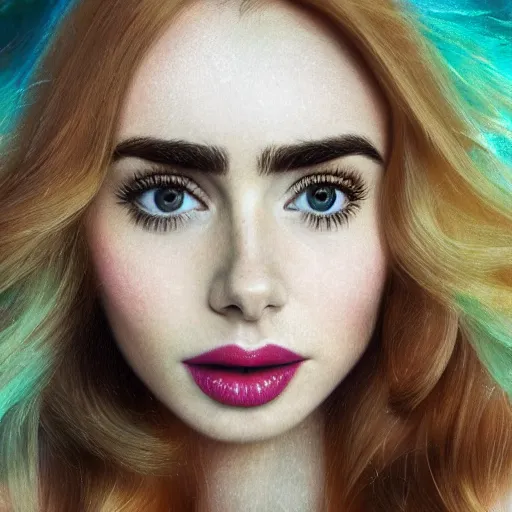 Prompt: portrait of a beautiful blonde queen girl lily collins, floating under the deep dream water, beautiful smooth soft light + white petal, by personal photography, art by brookskim, closeup, 4 k, highly detailed, instagram,