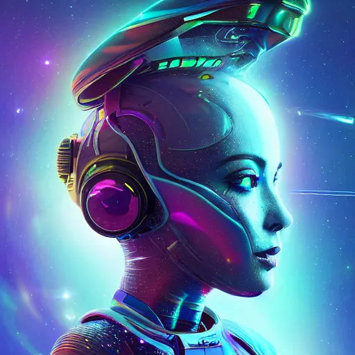 Image similar to a far away beautiful feminine woman in a futuristic spacesuit flying through space with galaxies in the back, epic lighting, digital art, vector art, artwork by beeple and lisa frank, fantasy, intricate, highly detailed, artstation, octane render