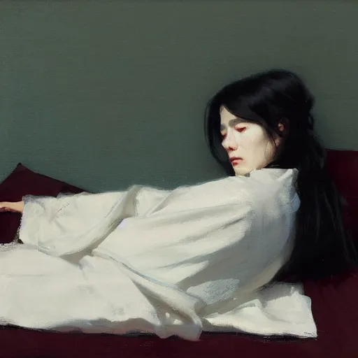 Image similar to girl with flowing dark hsir, in kimono, frontview, sitting on edge of bed, big chest by jeremy lipking, tim rees, joseph todorovitch