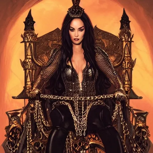 Image similar to a queen is sitting on her throne dressed in chains, looks like megan fox, beautiful highly detailed face, complementary lighting, backlit, black eyeshadow, grinning, adventure, dramatic lighting, landscape background, beautiful painting by artgerm and greg rutkowski and raymond swanland