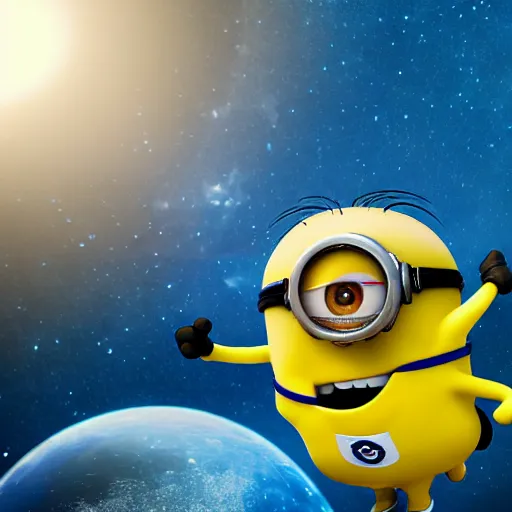 Image similar to minion in space, outside of a rocket, in a spacesuit, chasing a banana, hyperrealistic render, highly detailed, 4k, artstation