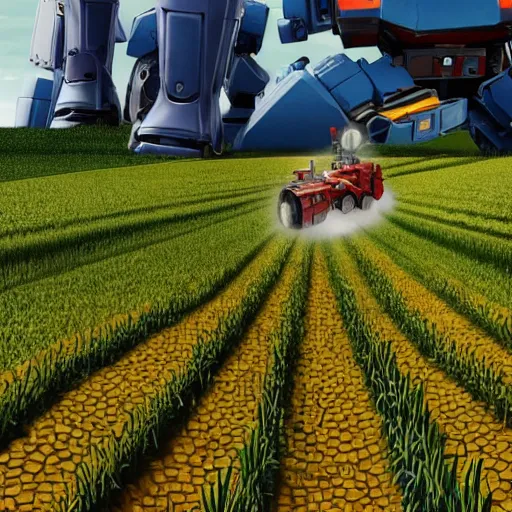 Image similar to a film still of transformers robots wearing a straw hat blue overalls in the corn field, chappie, farming, photorealistic, 8 k