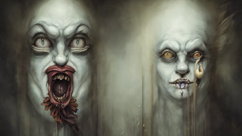 Image similar to a clown portrait in cloistered alleyway dreaming of a circus, in the style of peter mohrbacher by weta digital and beth cavener, high face symmetry, intricate, masterpiece, award winning, high face symmetry, intricate