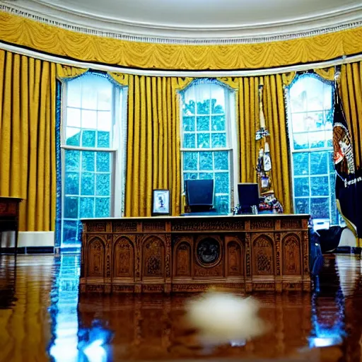 Prompt: the inside of the oval office flooded with water after a pipe burst
