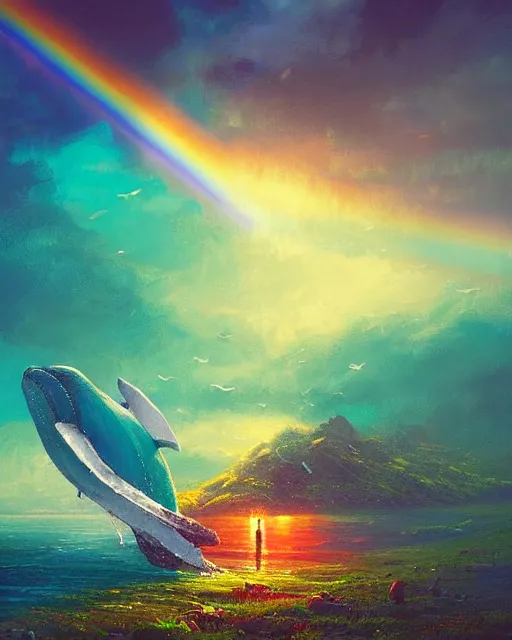 Prompt: flying whale, colorful mold, fantasy landscape, foggy, concept art, vibrant, waterfall, rainbow, magical, cinematic lighting, high quality, art by alena aenami and thomas cole and thomas kinkade