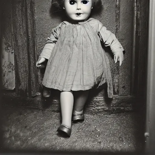 Image similar to creepy vintage doll peeking around corner in darkly lit basement photo by william mortensen