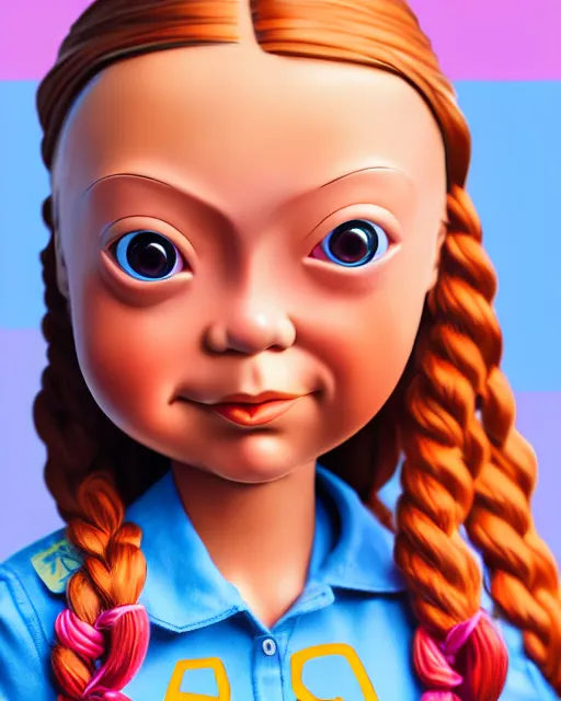 Image similar to closeup profile portrait of a tin toy greta thunberg as a schoolgirl, bikini, hyper realistic, artstation, illustration, salvidor dali, digital paint, matte paint, vivid colors, bright, cheerful, detailed and intricate anime school environment