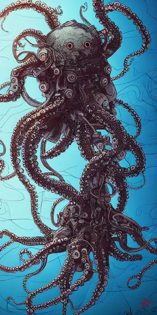 Image similar to robotic octopus, style of james jean and laurie greasley and greg rutkowski, dynamic composition, dramatic lighting, hyper - realistic, ultra detailed, 8 k