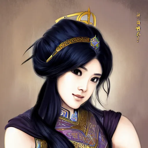 Image similar to ancient asian dynasty princess, three kingdom, dynasty warriors, cute face, standing in an oasis in the desert, comics, beautiful, elegant, headshot, long black hair, digital painting, smooth, concept art