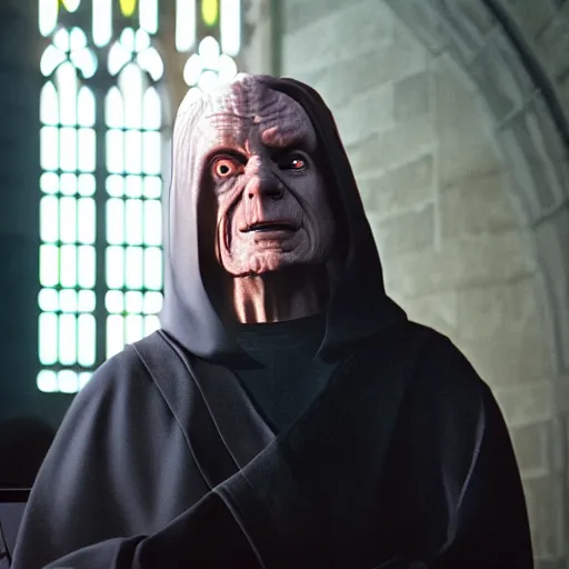 Image similar to emperor palpatine preaching to people at church, 8k cinematic lighting, very sharp detail, anatomically correct