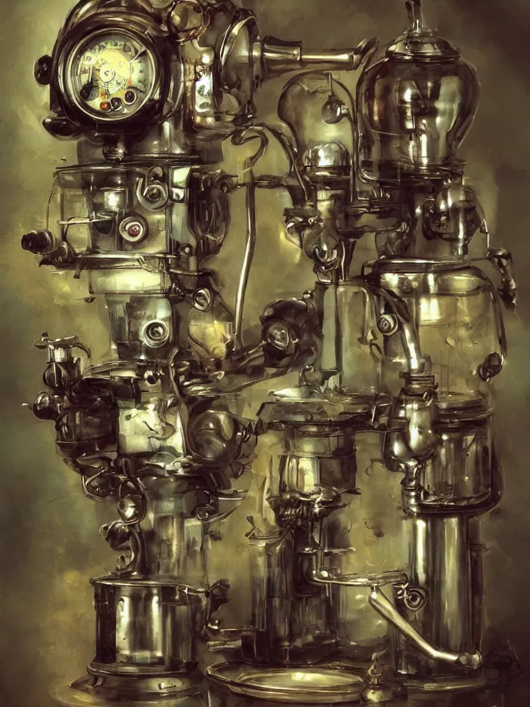 Image similar to old mechanical coffee machine, by Simon Stalenhaag, by Yoshita Amano, by Esao Andrews, sharp focus, fresh colors, deviantart, conceptart