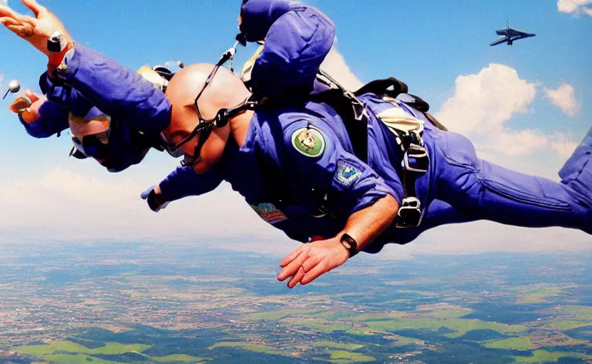 Image similar to photorealistic picture close up on a skydiver. plane in the background 8 0'style