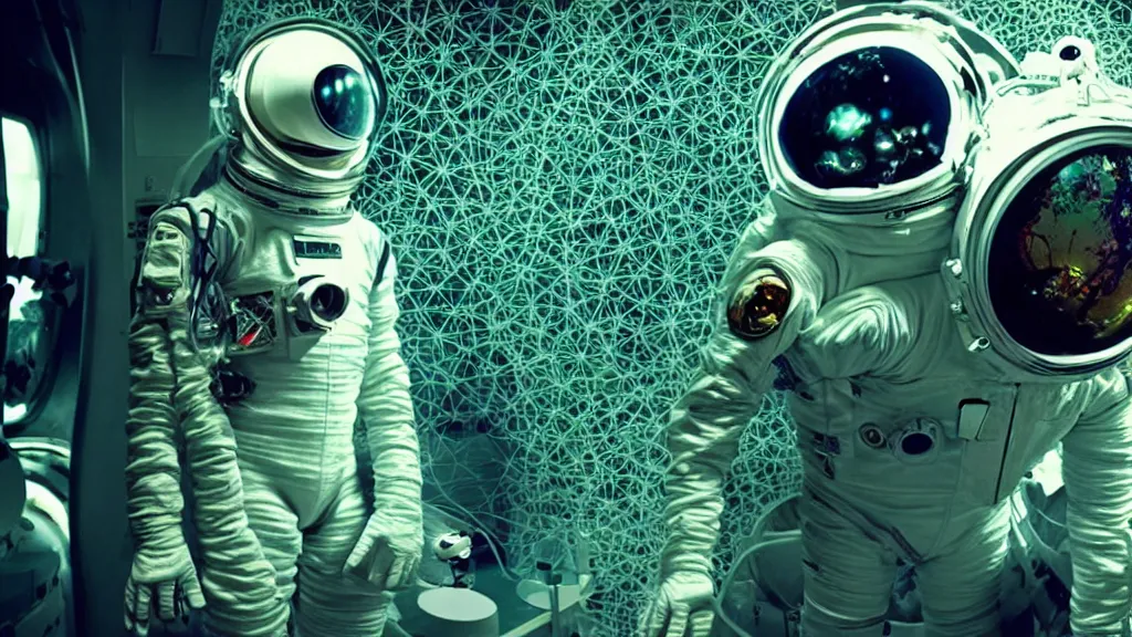 Image similar to a cybernetic symbiosis of a single astronaut eva suit infected with diamond 3d fractal lace iridescent bubble 3d skin covered with insectoid compound eye camera lenses floats through the living room, film still from the movie directed by Denis Villeneuve with art direction by Salvador Dalí, wide lens,